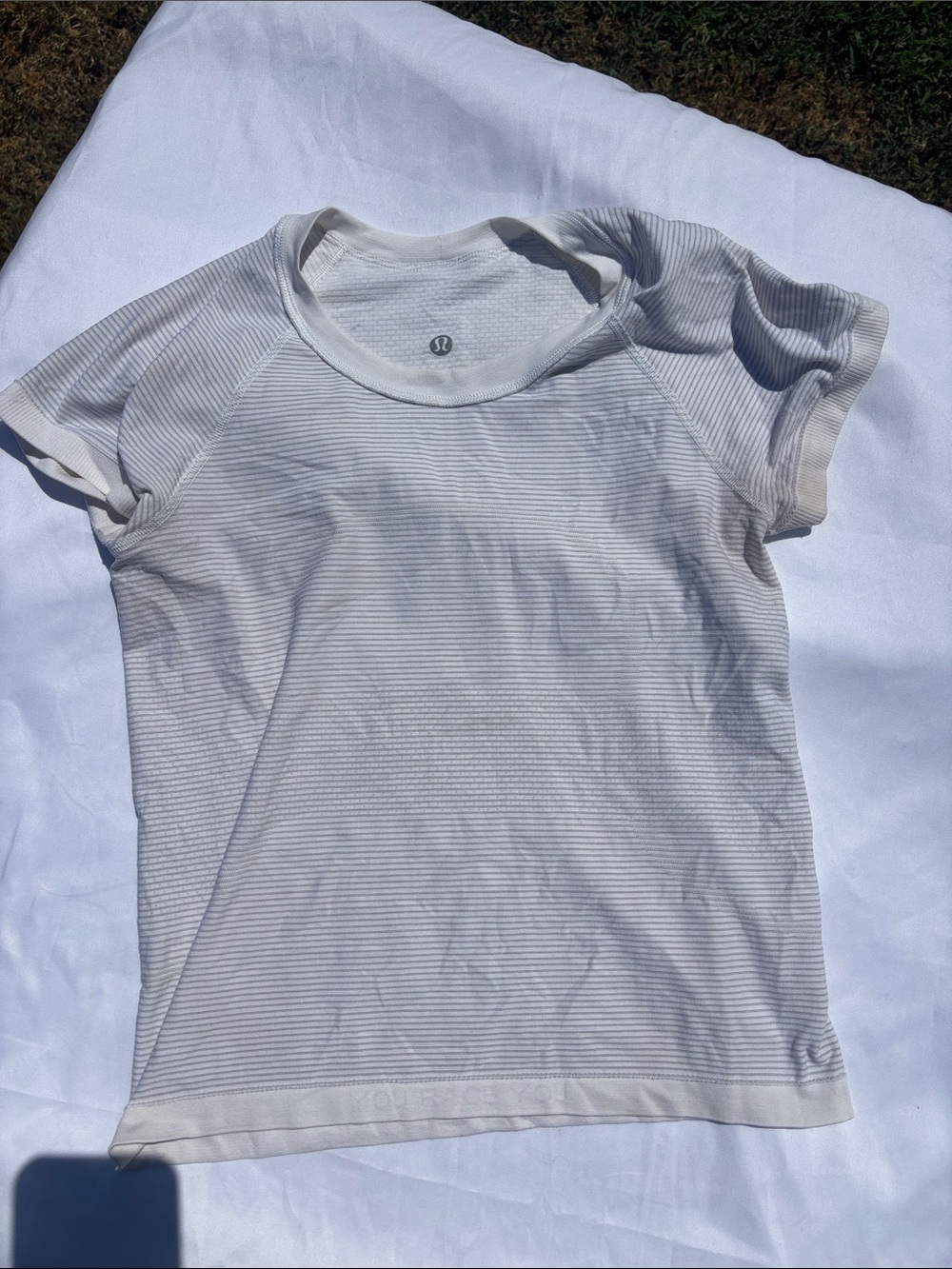 lululemon athletica Women's White Thin-Striped Short Sleeve Tee